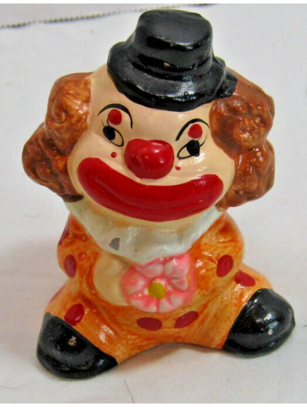 Vintage Handpainted CLOWN Ceramic Figurine 3.25" x 2.5" SRI LANKA Orange Flower